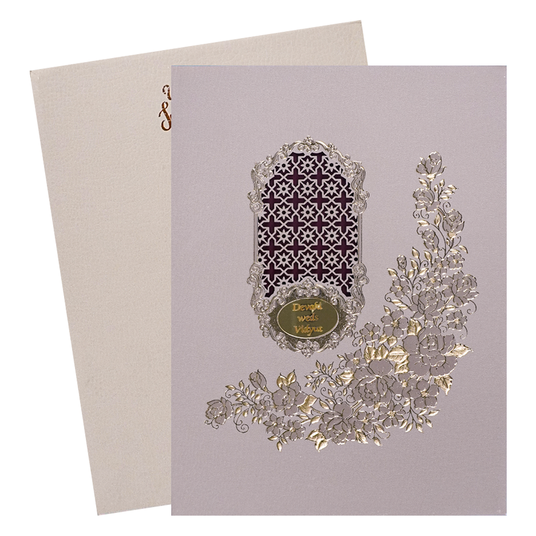 Cream Gold Floral Jaali Padded Wedding Card-KSSC2340