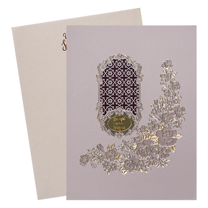 Cream Gold Floral Jaali Padded Wedding Card-KSSC2340