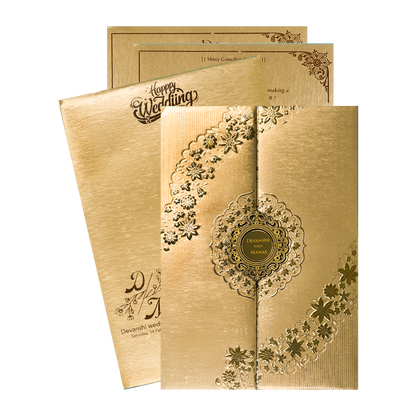 Check out Gold Floral Padded Wedding Card at best price. ✅WhatsApp Support ✅Express Delivery.|King of cards.