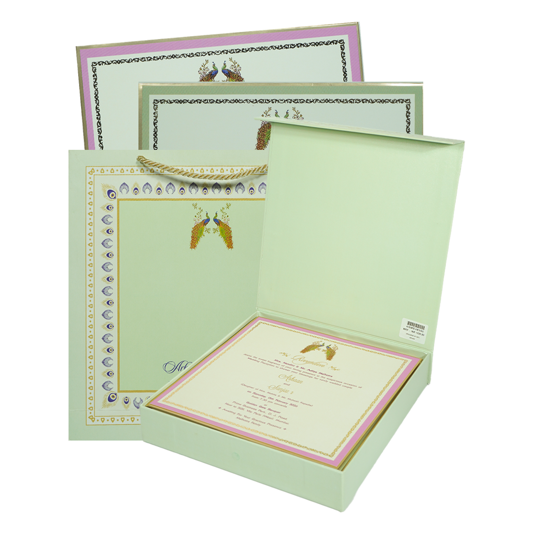 Check out Blue Peacock Theme Wedding Invitation Box at best price. ✅WhatsApp Support ✅Express Delivery. | King of Cards.