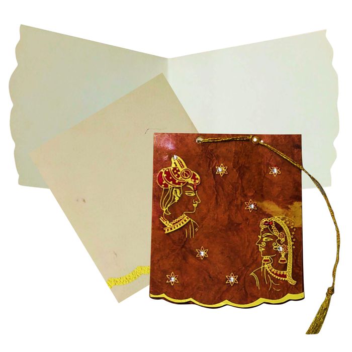 Check out the collection of Brown personal bride and groom gold print with thread invitation card at best price. &amp;