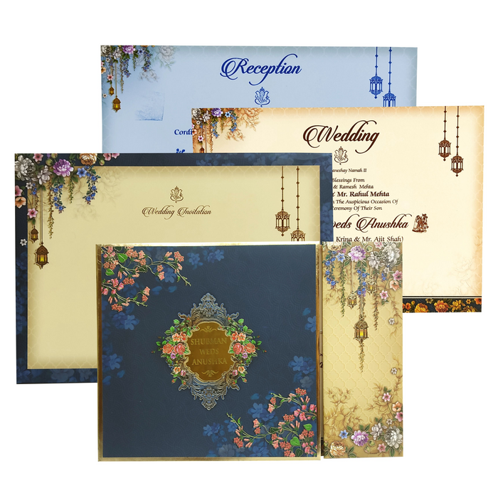 Aegean Blue Cream Floral Door Padded Invitation Card-King of Cards