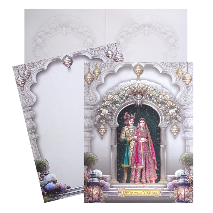 Brown Majestic Bride &amp; Groom Wedding Card featuring gold foiling, bride &amp; groom caricature and an acrylic nameplate. It also includes folded insert and an envelope. Shop now! ?WhatsApp Support ?Express Delivery.