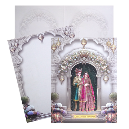 Brown Majestic Bride &amp; Groom Wedding Card featuring gold foiling, bride &amp; groom caricature and an acrylic nameplate. It also includes folded insert and an envelope. Shop now! ?WhatsApp Support ?Express Delivery.