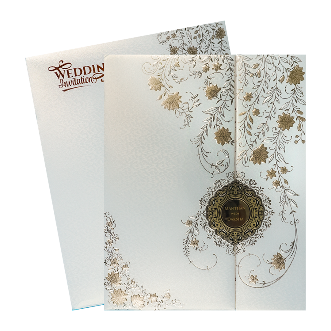 Check out White Gold Floral Padded Wedding Card at best price. ✅WhatsApp Support ✅Express Delivery.|King of cards.