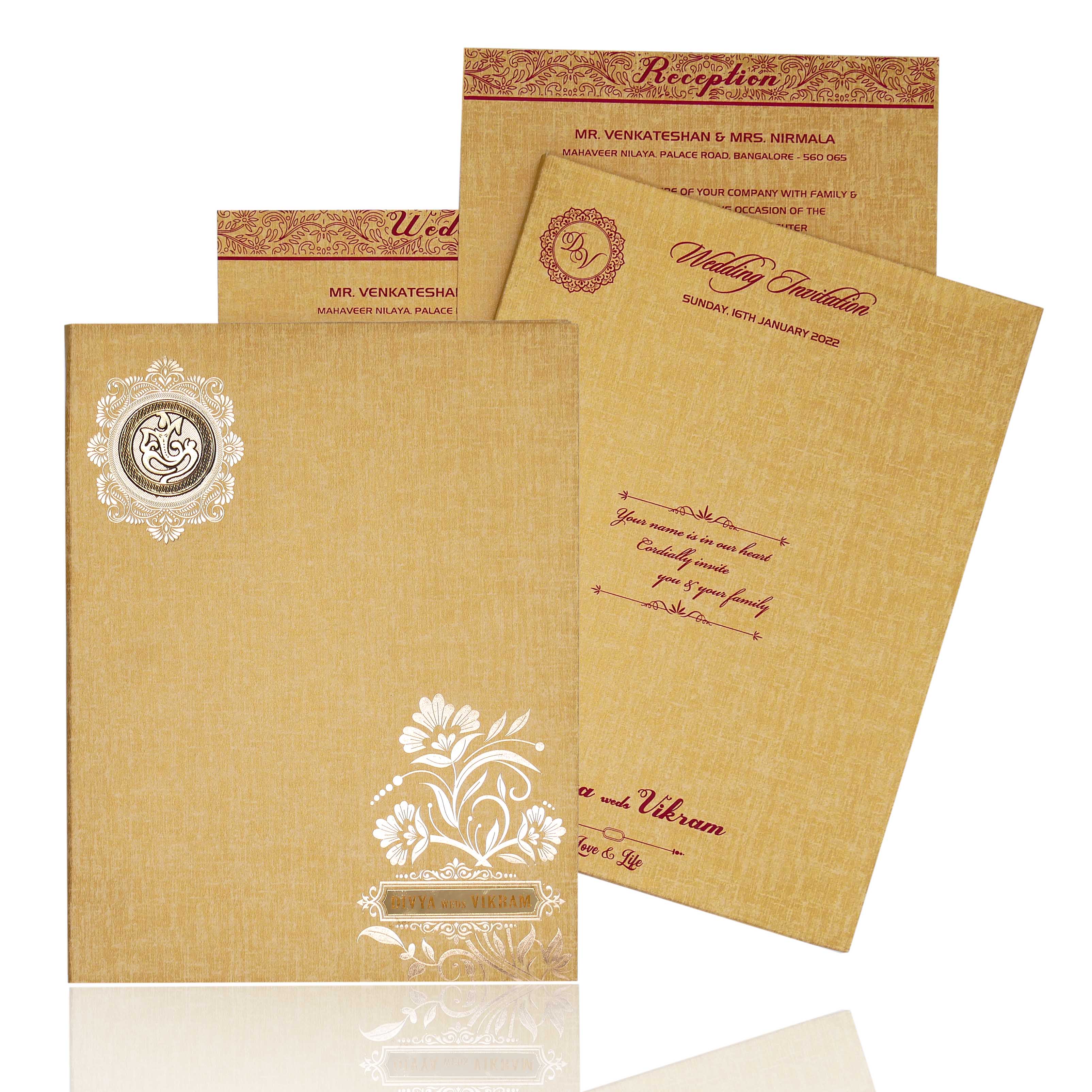 Brown Gold Padded White Flower Print Wedding Invitation-KNPP8501N