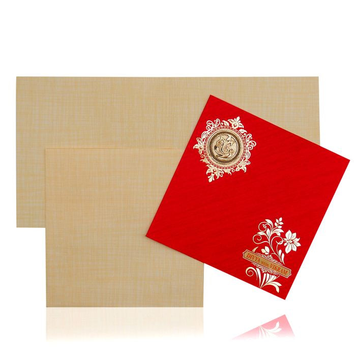 Red Wedding Invitation Card With Name Plate And Ganesha Sticker-KNBP901R-King of Cards
