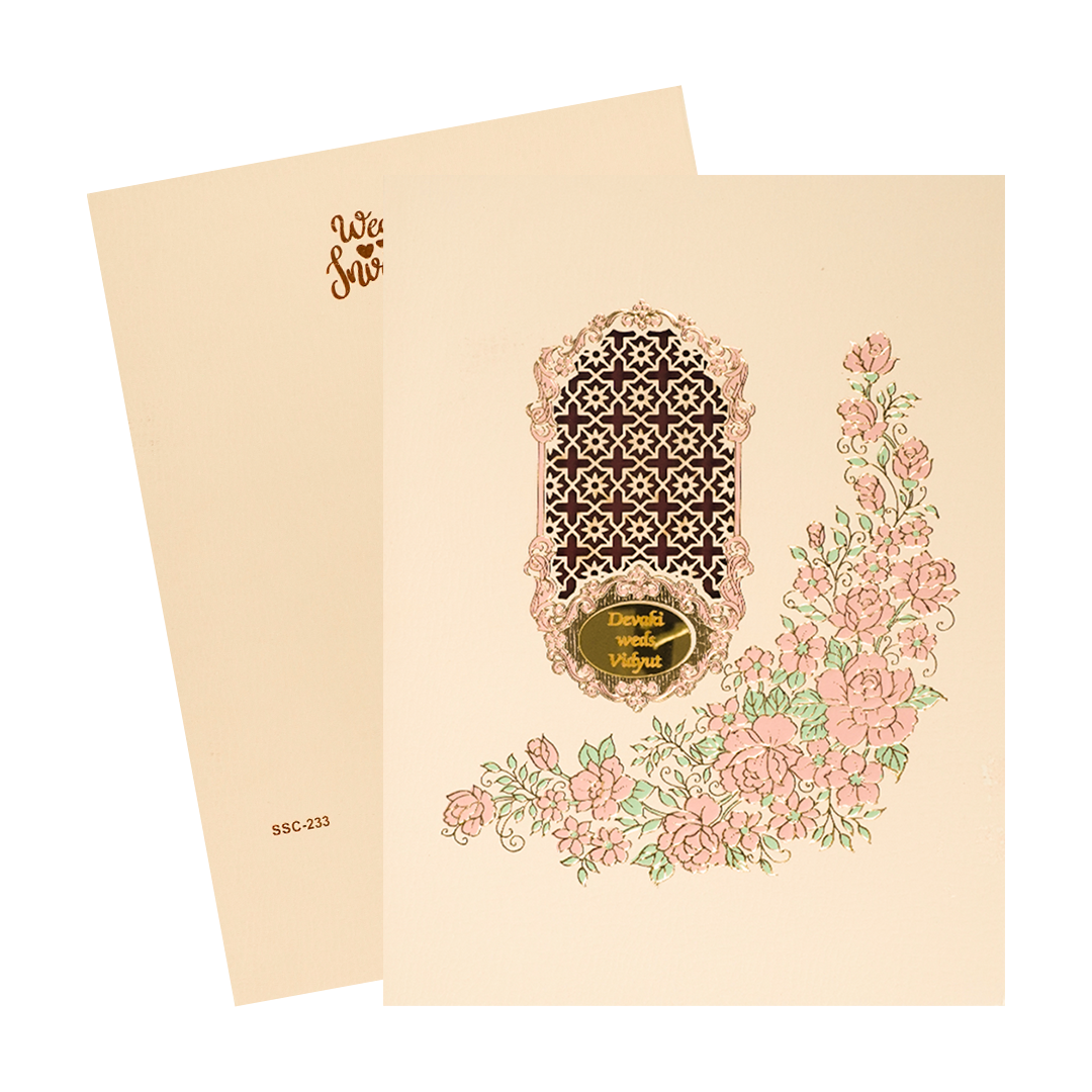 Check out Cream Pink Floral Jaali Padded Wedding Card at best price.✅WhatsApp Support ✅Express Delivery.|King of cards.
