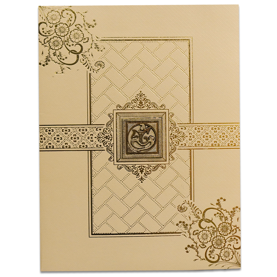 Cream Gold Ganesha Floral Wedding Card-KNKT5034