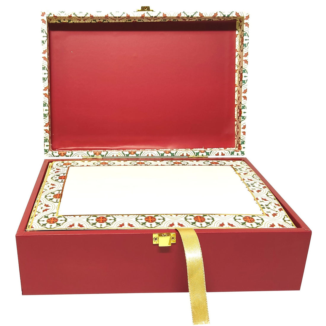 Our red floral modern box invitation comes with a 6mm MDF material and a lock in gold color. This gift hamper includes a cavity which holds your presents like dryfruits, chocolates or sweets etc. This invite also comes with two designer inserts.