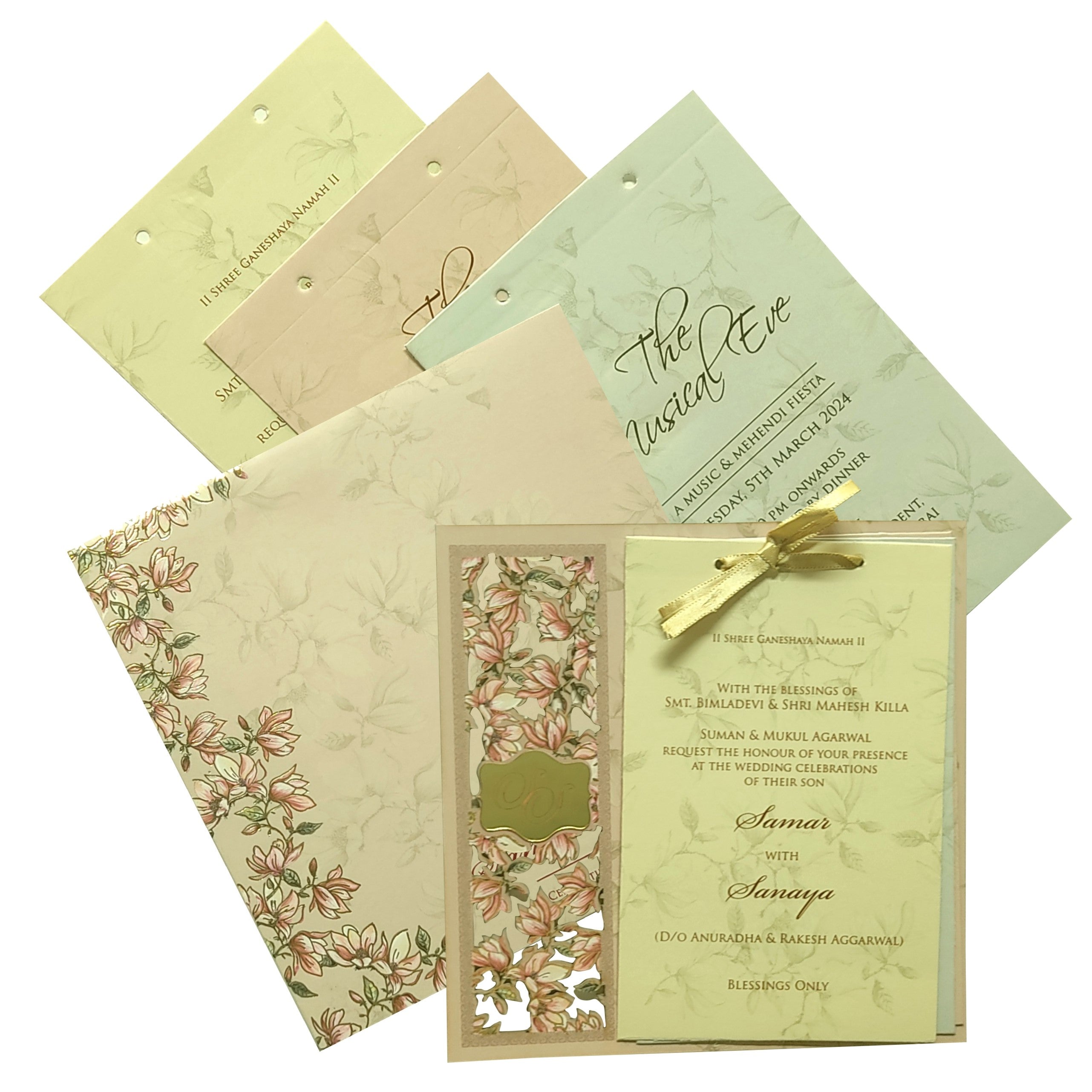 Elegant and attractive Pink floral laser cut envelope with gold foiling with acrylic nameplate invitation card! Buy now! ? Customer Support ? Home Delivery