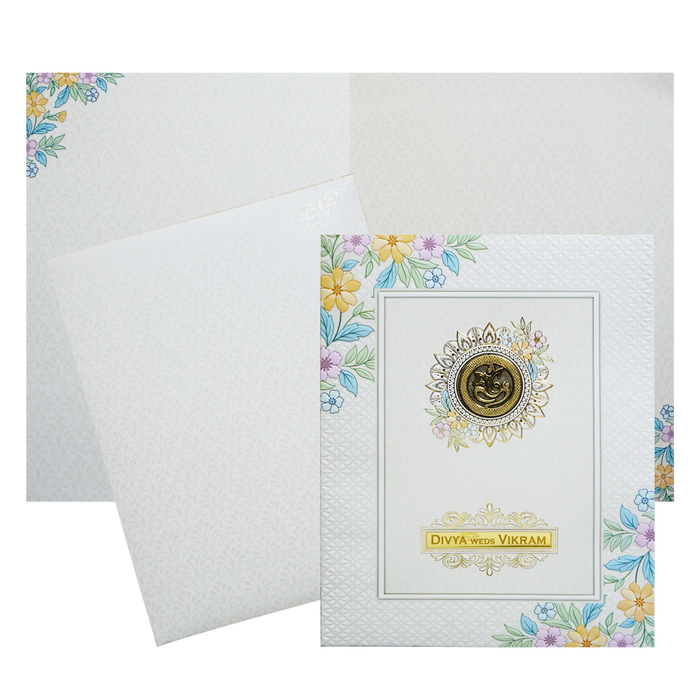 White Minimal Floral Embossed Invitation Card-King of Cards