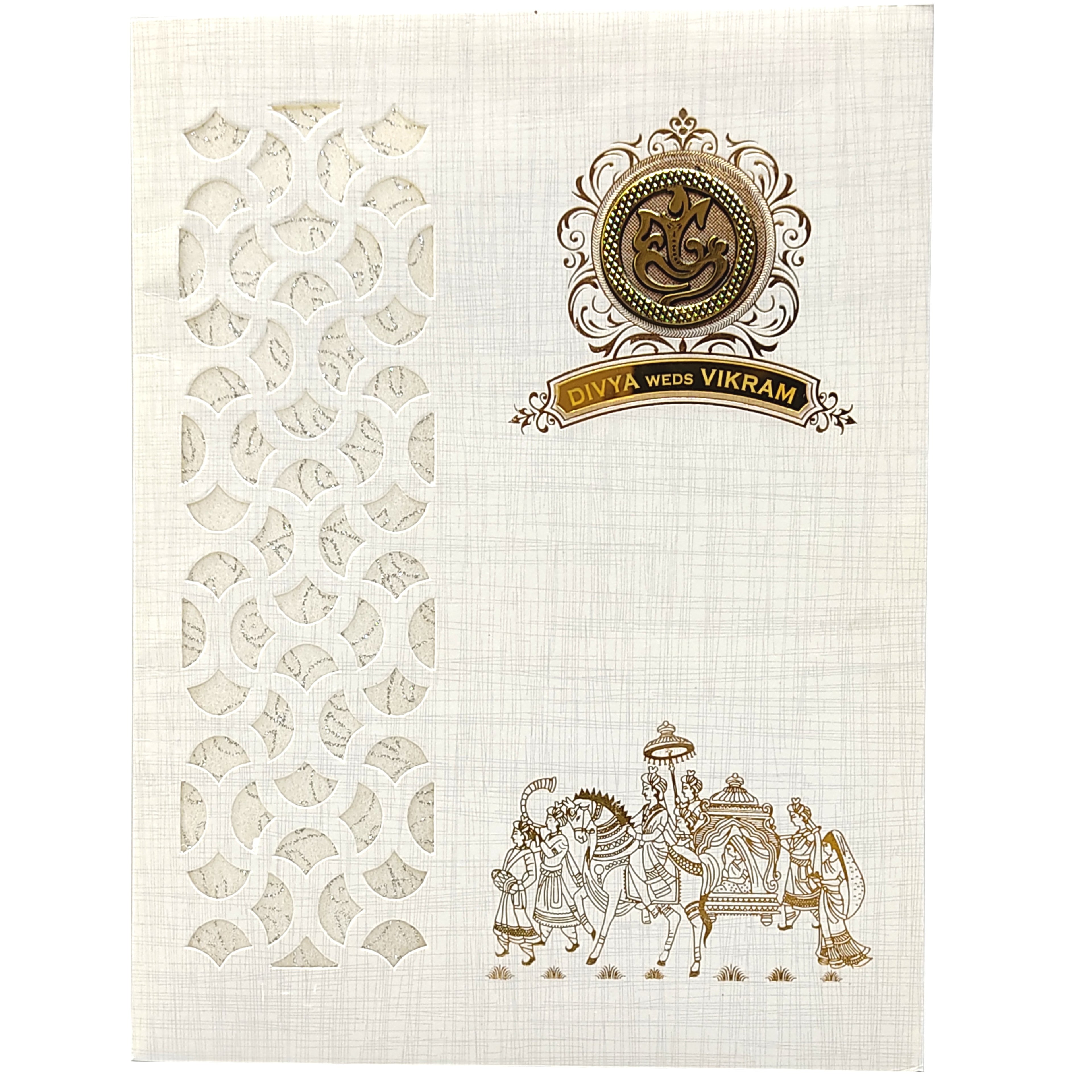 Grey Metallic Laser Cut Design With Baraat Print In Gold Foiling-KNK9404G