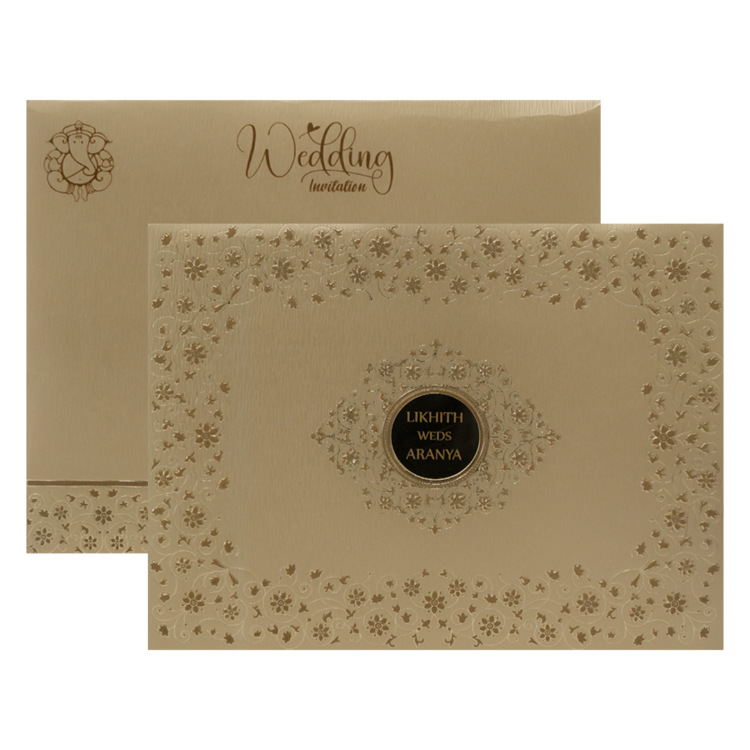 Gold Floral Round Padded Wedding Card-KSSC20700