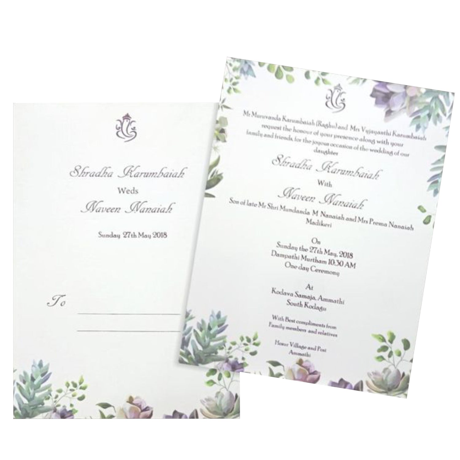White single sheet green floral invitation card. this invite features a beautiful floral work in offset.