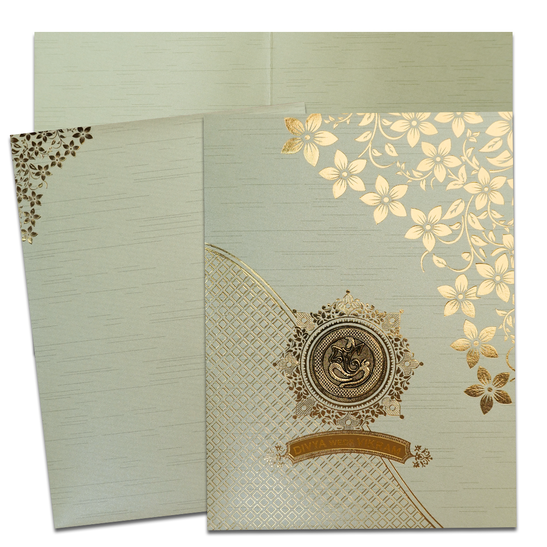 Green Gold Floral Ganesha Wedding Card-KNRM7082N