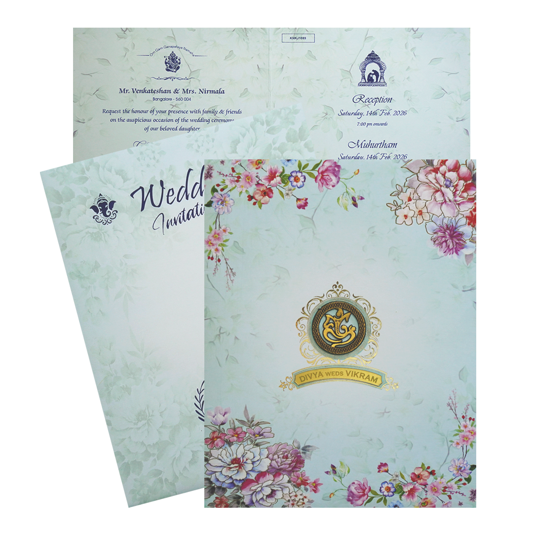Mint Blue Floral Ganesha Wedding Card-KNKJ1089