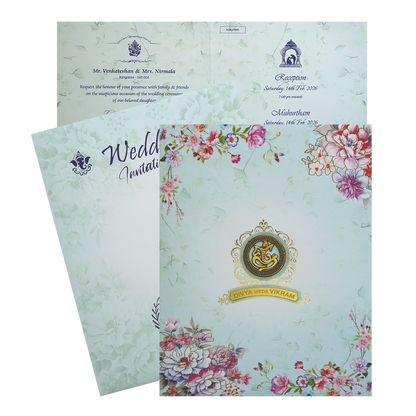Mint Blue Floral Ganesha Wedding Card-KNKJ1089