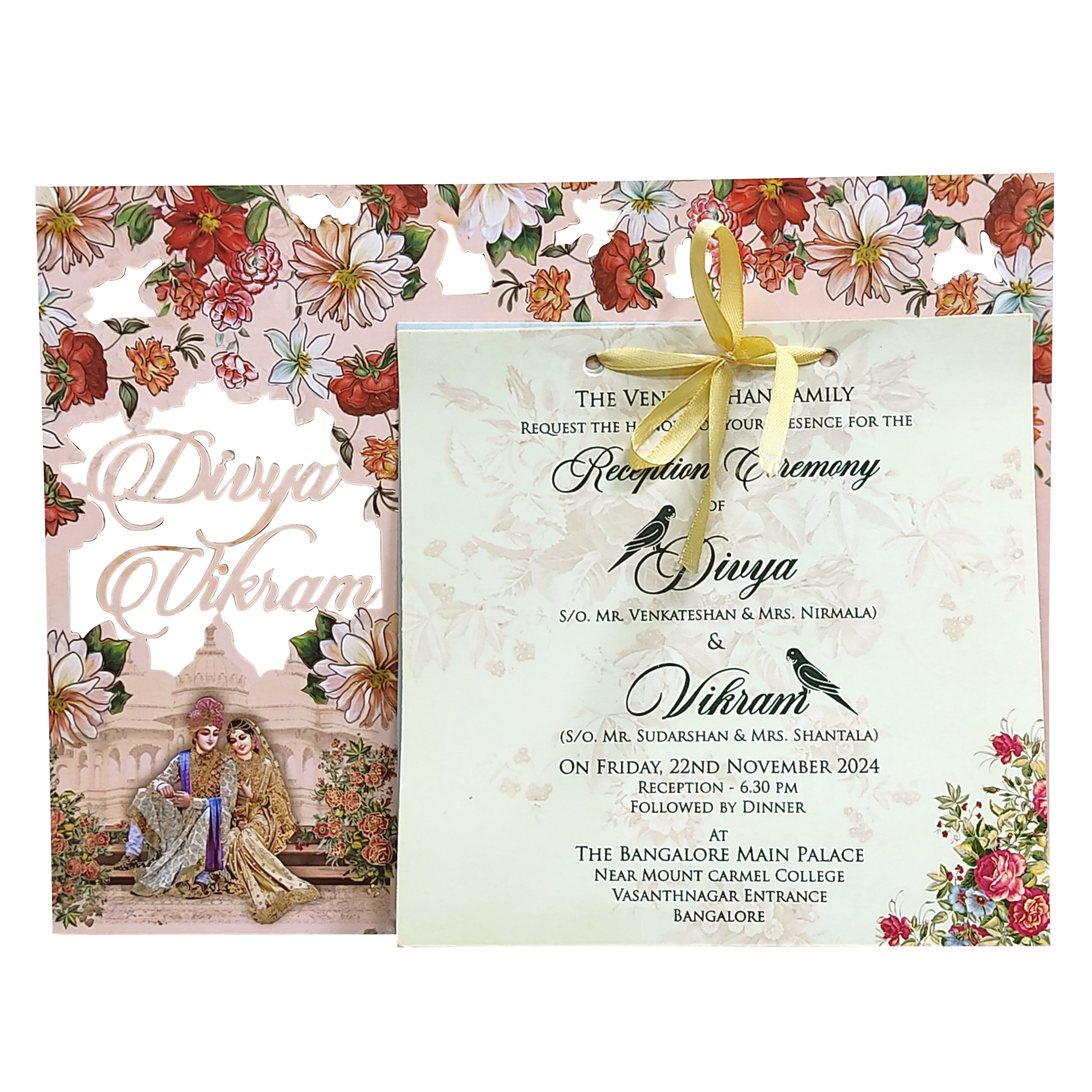 Orange Cream and Pink Flowers Bride and Groom MDF Card-KNKO7601