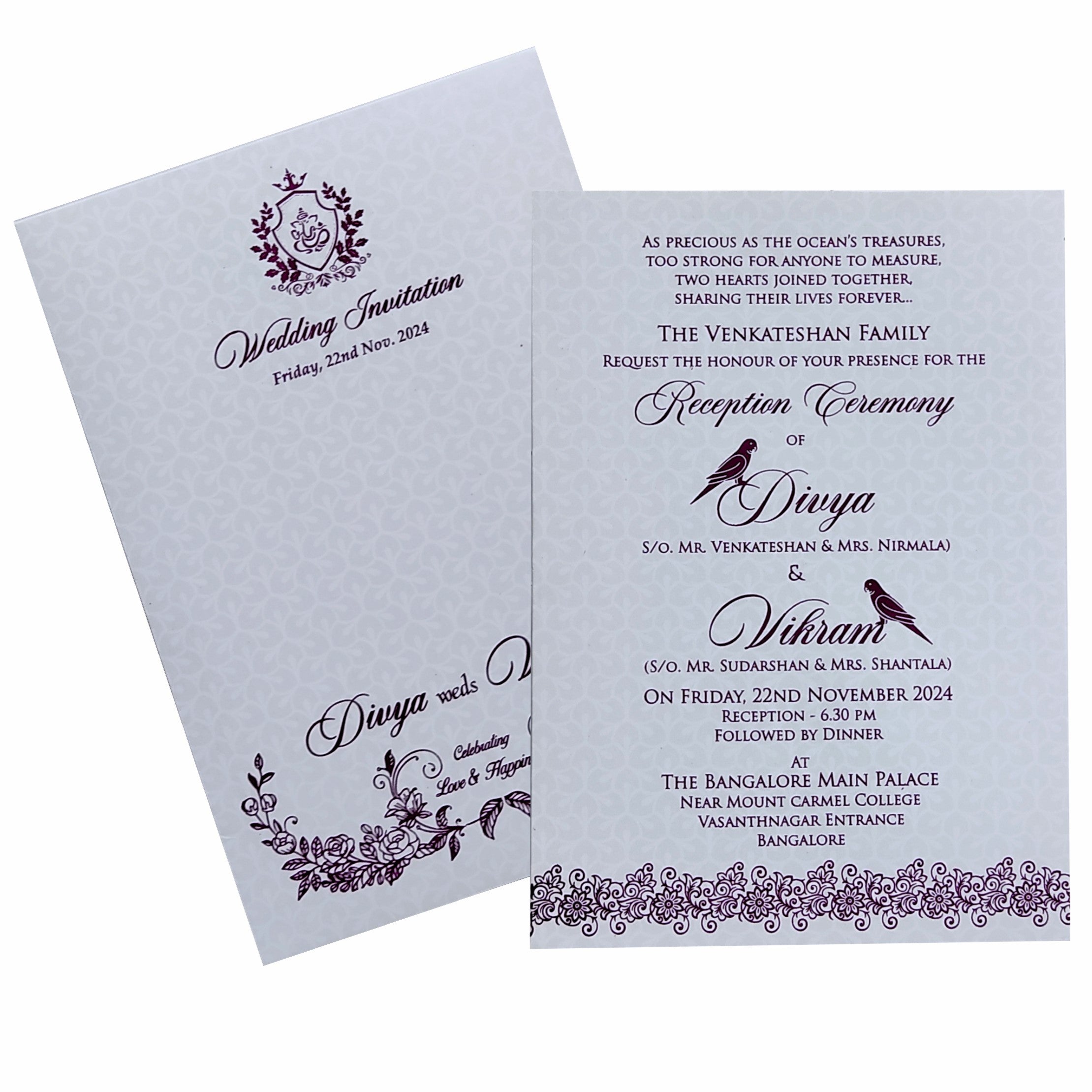 Selling White Floral Single Sheet invitation card online. Buying invitation cards made easy with King of Cards! ?Customer Support ?Home Delivery.