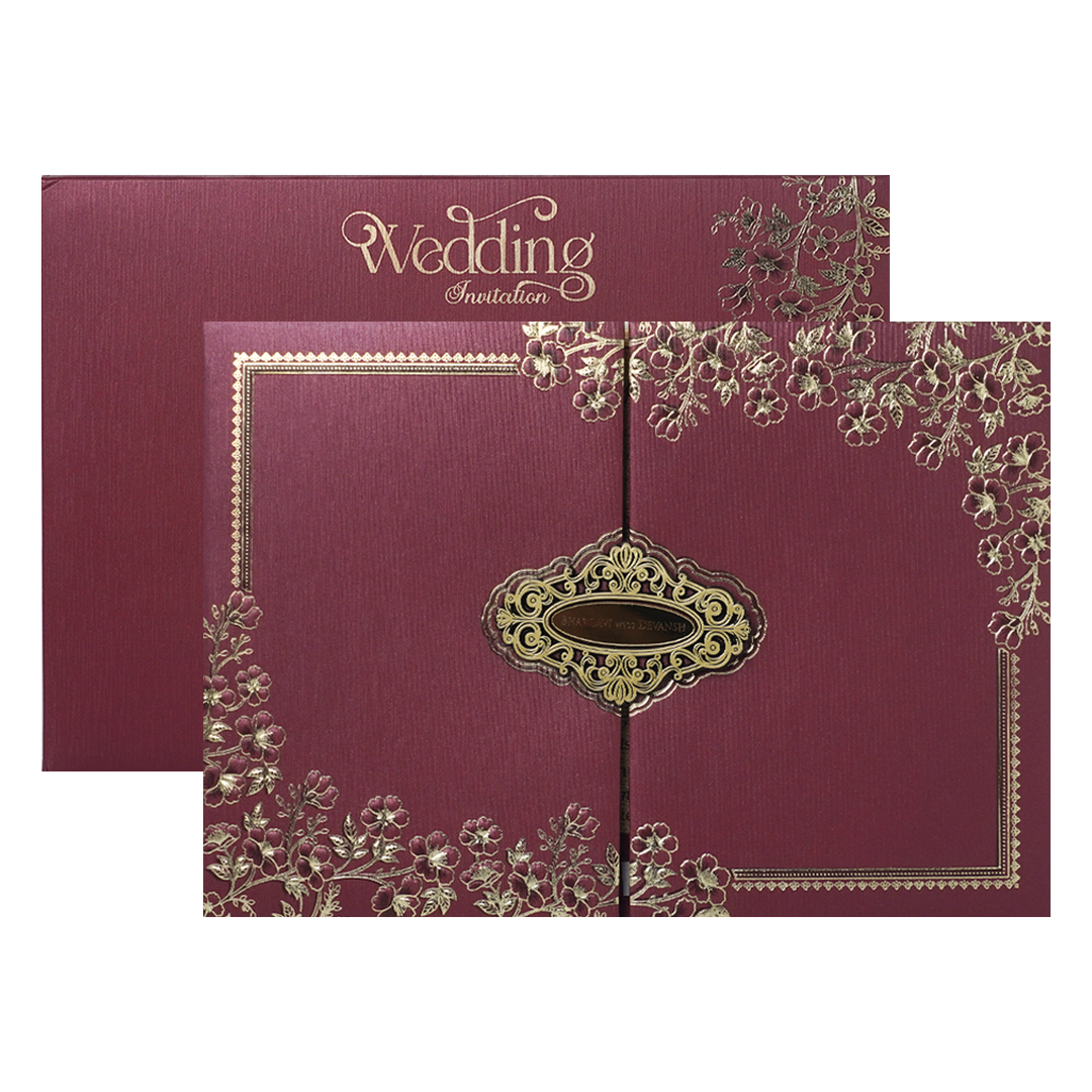 Maroon Gold Floral Padded Wedding Card-KSSC2140