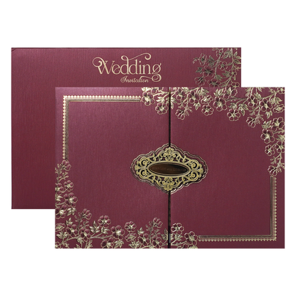 Maroon Gold Floral Padded Wedding Card-KSSC2140