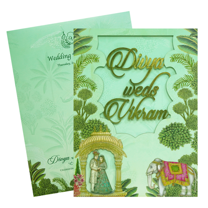 Green Laser-Cut Bride &amp; Groom Wedding Card-King of Cards