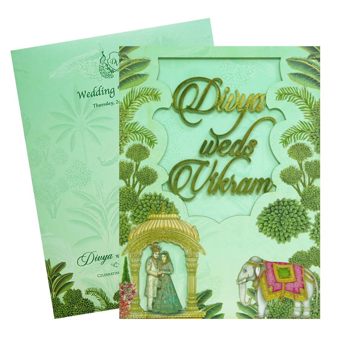 Green Laser-Cut Bride &amp; Groom Wedding Card-KNOR5201