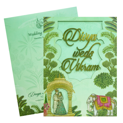 Green Laser-Cut Bride &amp; Groom Wedding Card-KNOR5201