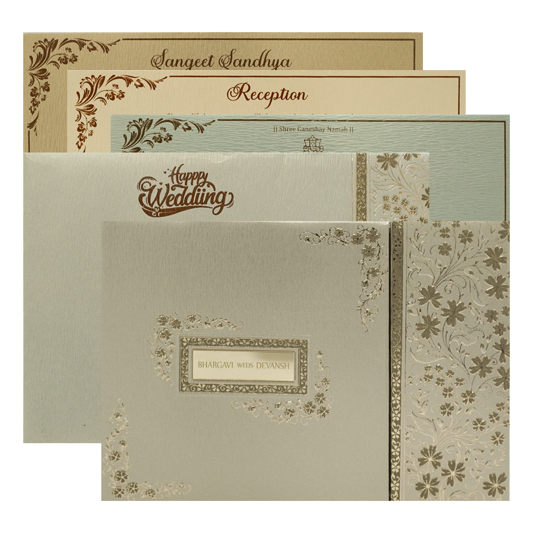 Check out Grey Gold Floral Padded Wedding Card at best price.✅WhatsApp Support ✅Express Delivery.|King of cards.