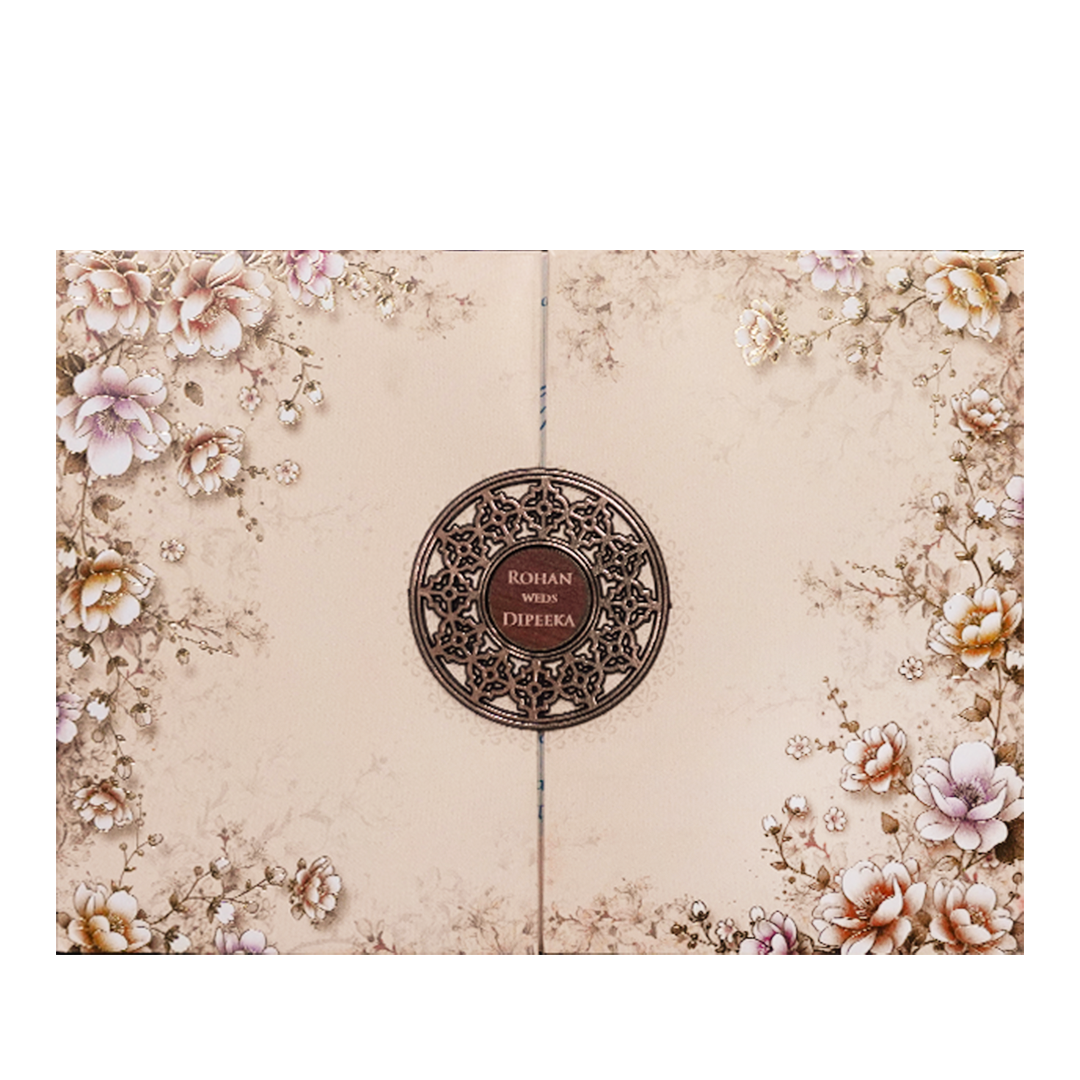 Cream Floral Padded Wedding Card-KSH72940