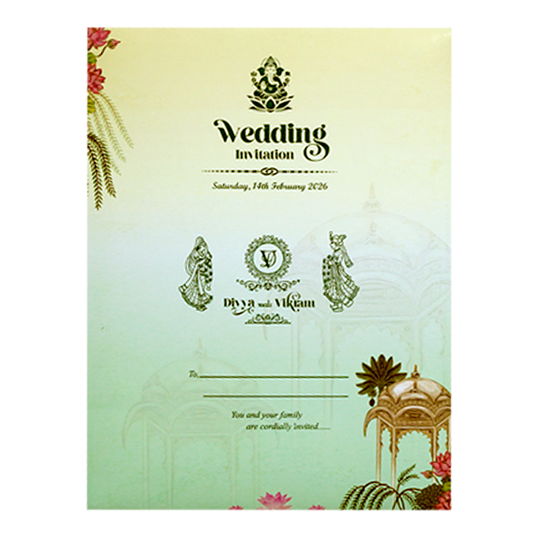 Buy Pastel Green Lotus Pavilion Wedding Card