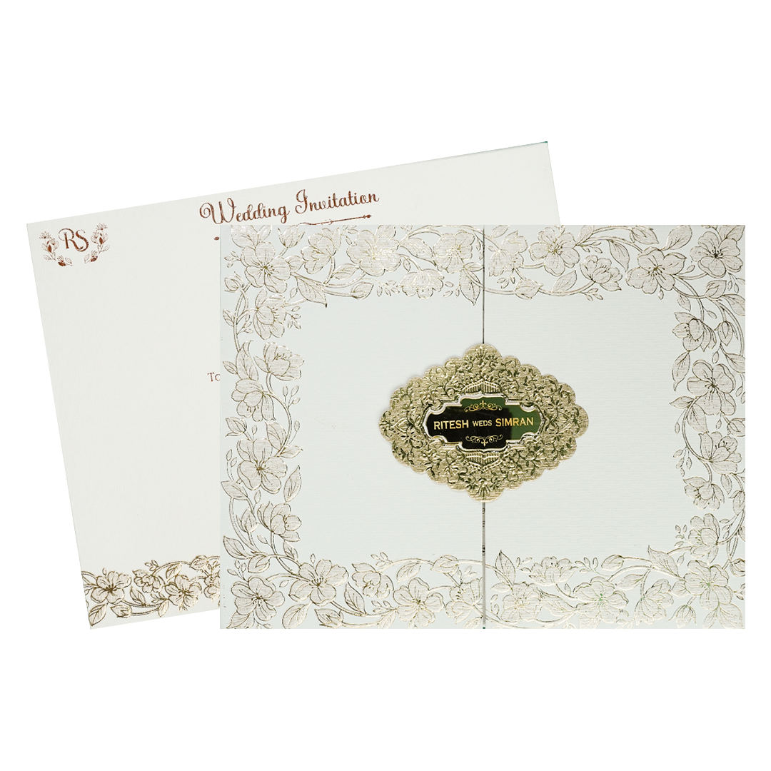 White Gold Floral Padded Wedding Card-KSI64520