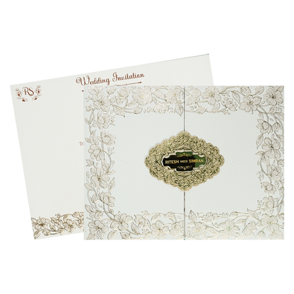 White Gold Floral Padded Wedding Card-KSI64520