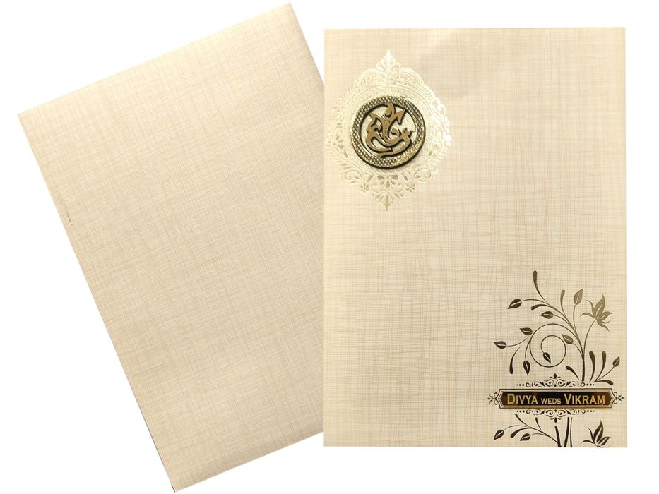 Sandal Metallic Wedding Card In Floral Design And Ganesha-KNCP32SM-King of Cards