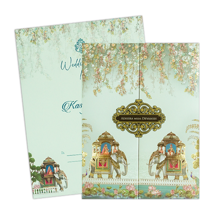 Green Floral Elephant Procession Wedding Card-KSH72440