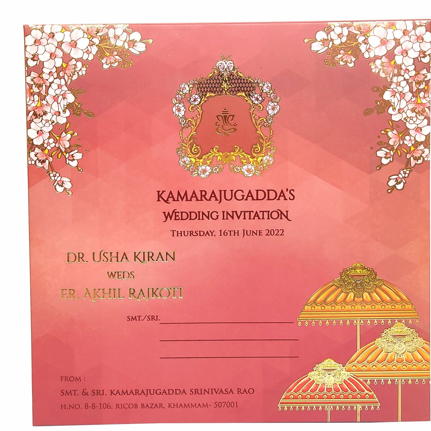 Red padded pink floral and designed umbrella scodix invitation card-KNPO03ZU