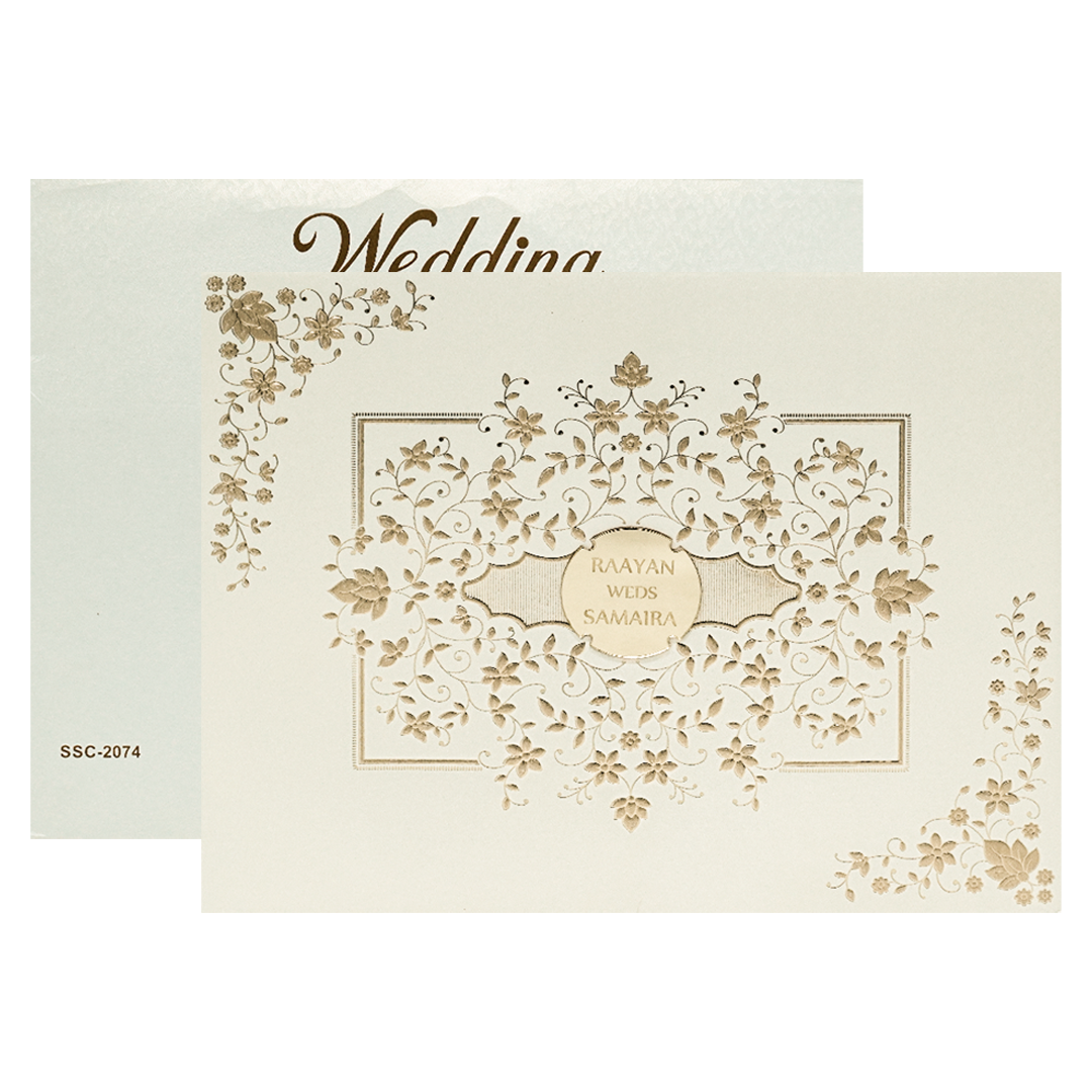 Check out White Gold Floral Padded Wedding Card at best price. ✅WhatsApp Support✅Express Delivery.