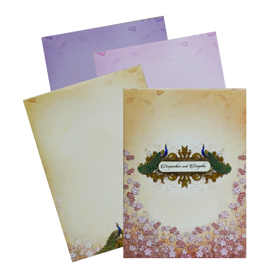 Celebrate in style with customized Peach Floral Peacock Padded Invitation Card. Order now! ?WhatsApp Support ?Express Delivery.