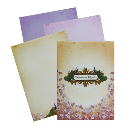 Celebrate in style with customized Peach Floral Peacock Padded Invitation Card. Order now! ?WhatsApp Support ?Express Delivery.