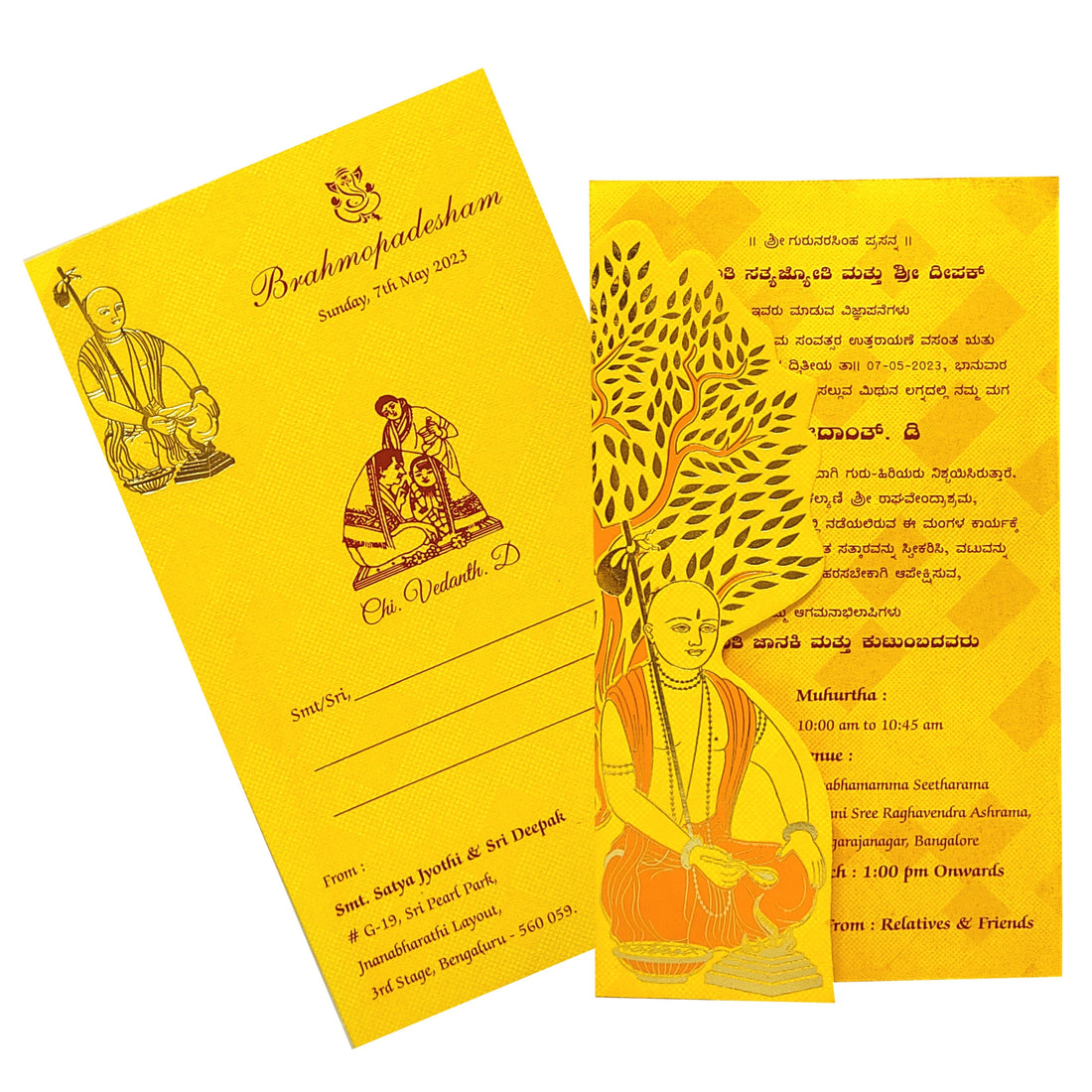 Check out the collection of Yellow archarya print with sliver foil border and envelope invitation card at best price. &amp;