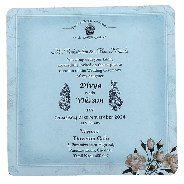 Blue Floral Single Sheet Invitation Card-King of Cards