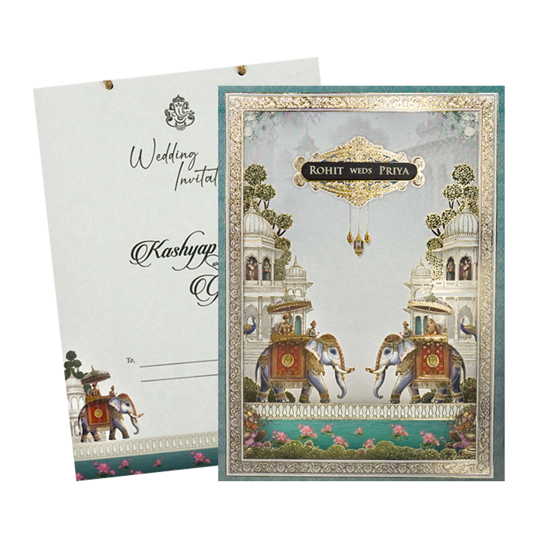 White Royal Elephant Padded Wedding Card-KSH72260