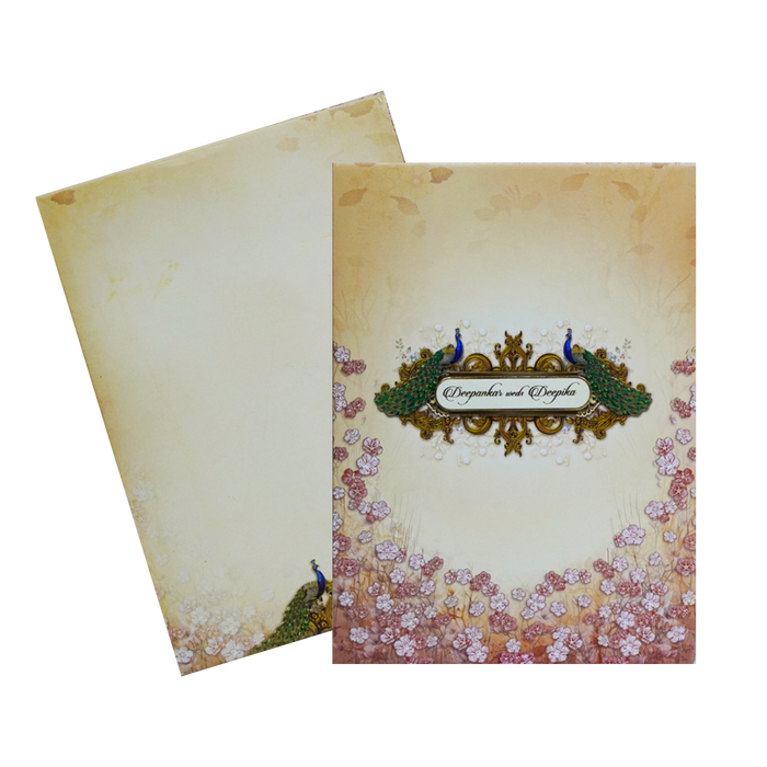 Peach Floral Peacock Padded Invitation Card-King of Cards