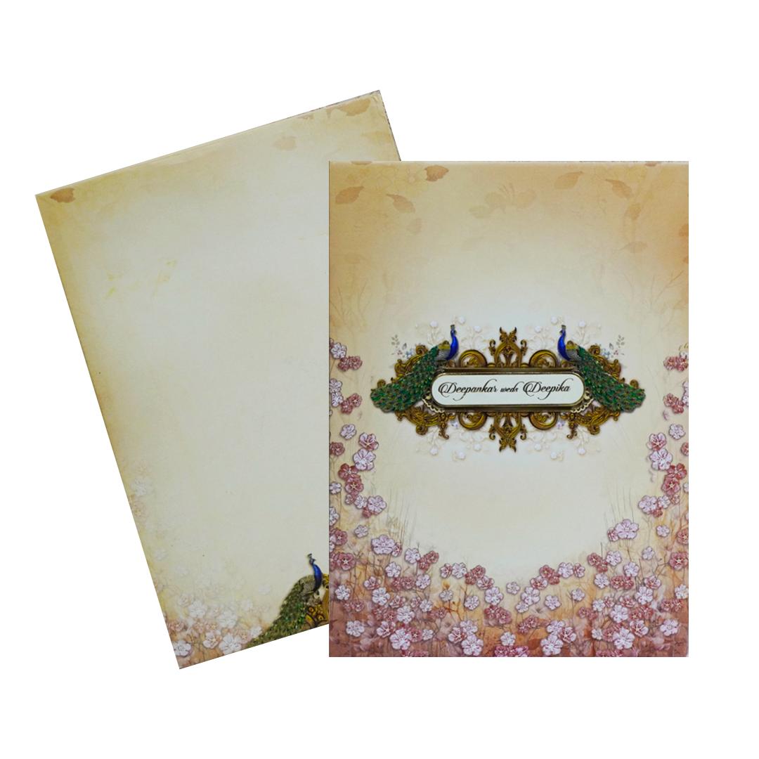 Peach Floral Peacock Padded Invitation Card-KAC05360