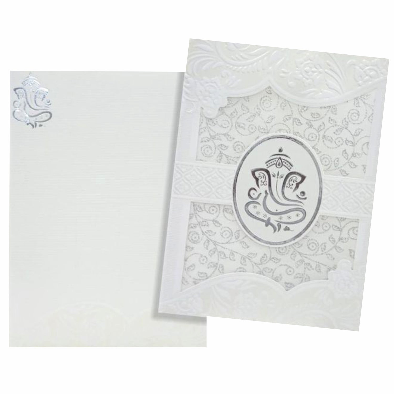 Lovely Silver Foiling Ganesha With White Wolly Material Wedding Card  - KNK30740