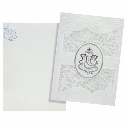Lovely Silver Foiling Ganesha With White Wolly Material Wedding Card  - KNK30740