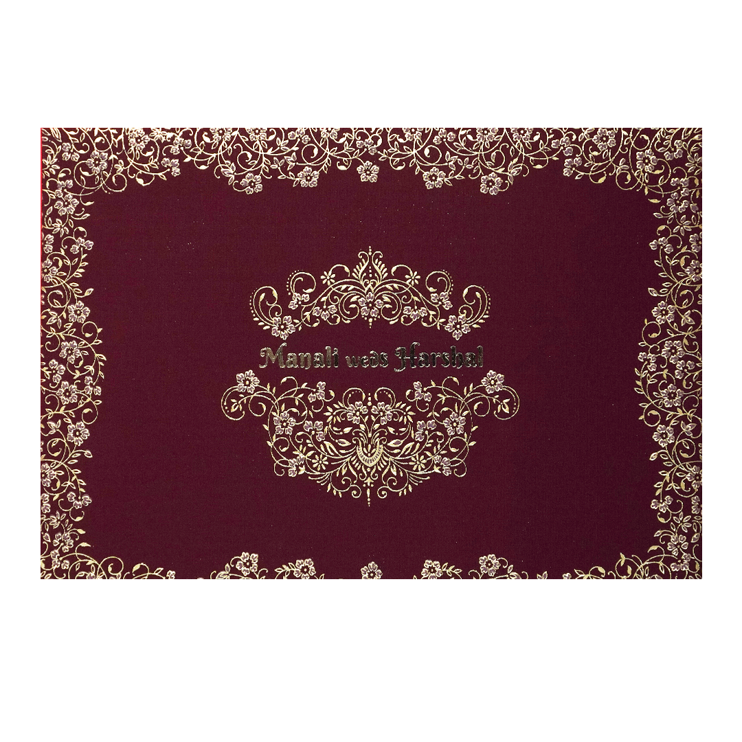 Maroon Gold Floral Padded Wedding Card-KSI64330