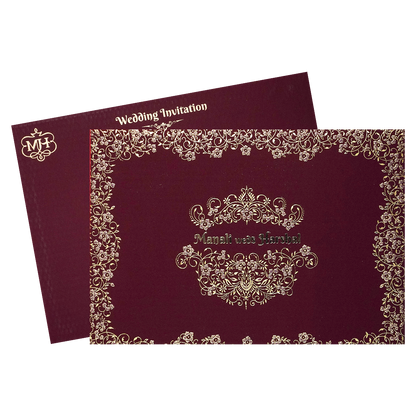 Maroon Gold Floral Padded Wedding Card-KSI64330