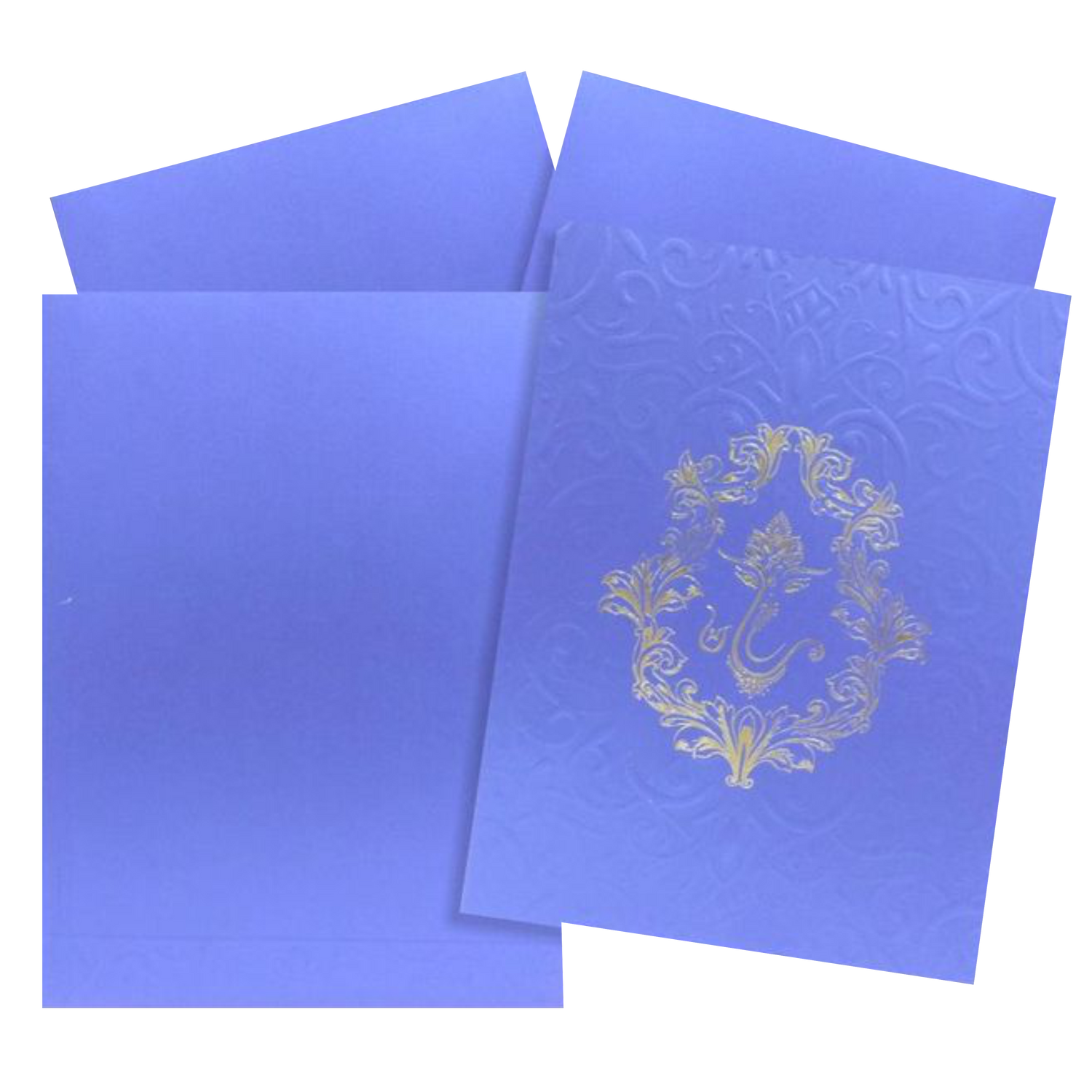 Blue metalic embossed floral invite features a unique Ganesha design surrounded with a floral work, adding a touch of sophistication.